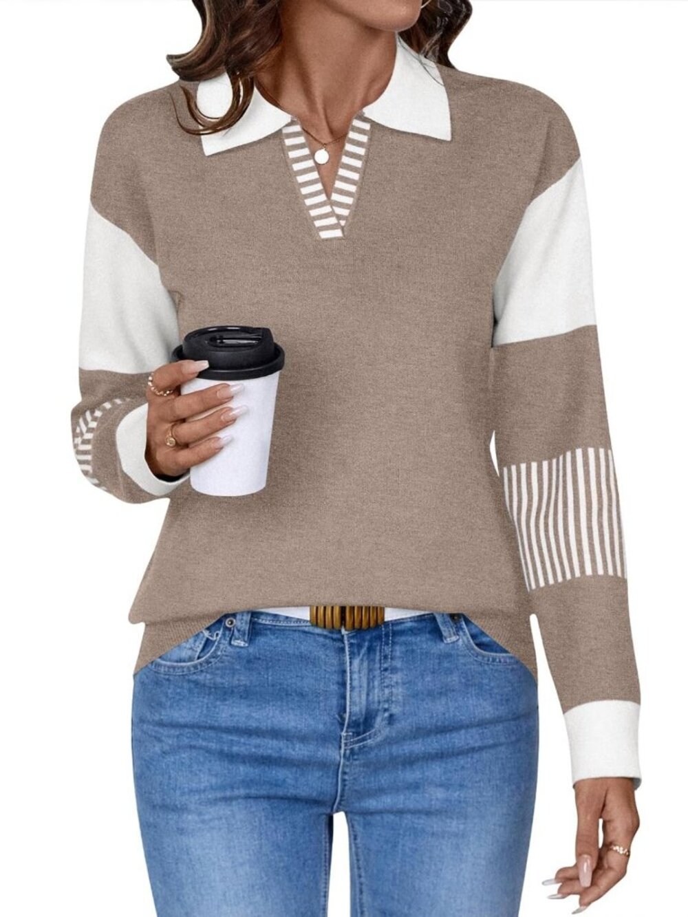 LOMON V Neck Long Sleeve Loose Sweaters Color Block Striped Knitted Pullover